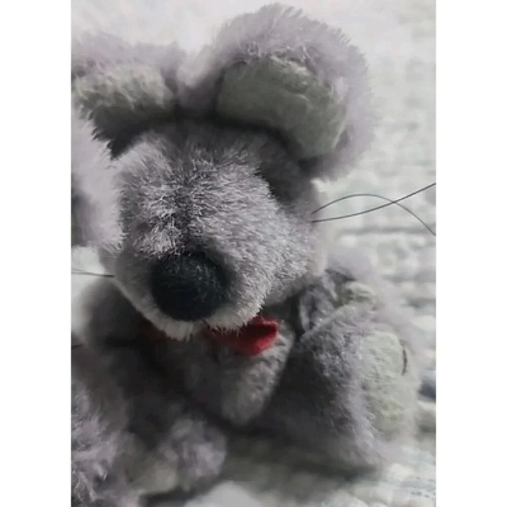 Wangs Articulated  Pair Of Cute Mice With Red Bowties, Gray Fuzzy With Long Tail